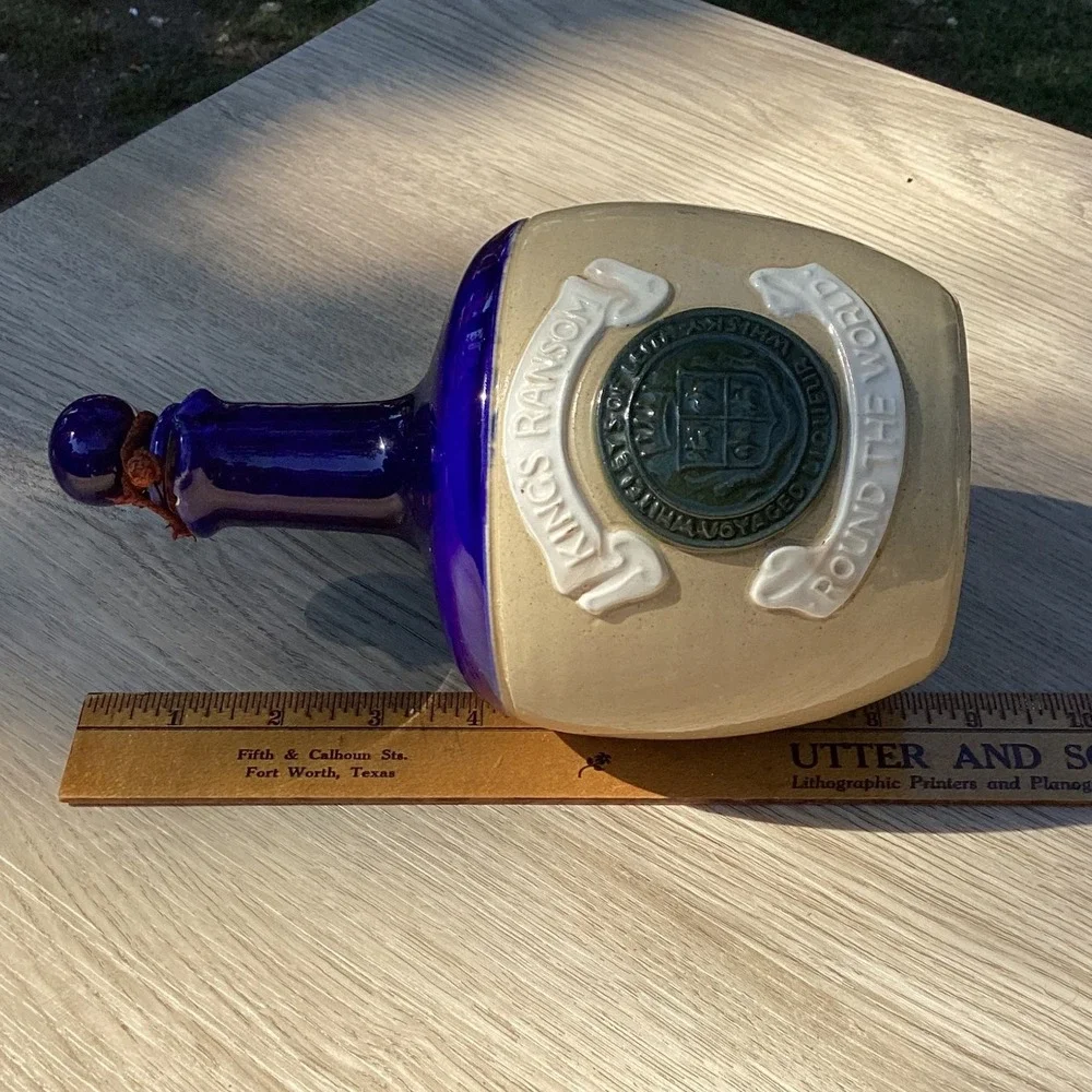 Kings Ransom Ceramic Liquor Bottle Blue‎ Glaze Jug Stopper Engraved